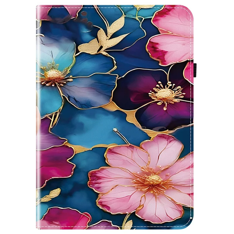 For Samsung Galaxy Tab S11 Leather Case Pattern Printed Stand Tablet Cover with Card Slots - Blue Gold Flower