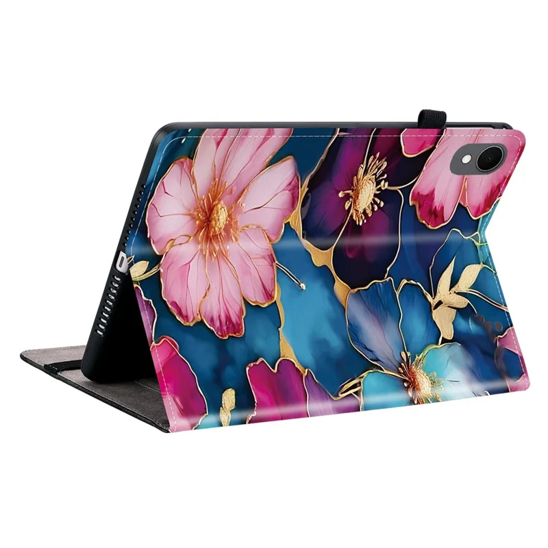 For Samsung Galaxy Tab S11 Leather Case Pattern Printed Stand Tablet Cover with Card Slots - Blue Gold Flower