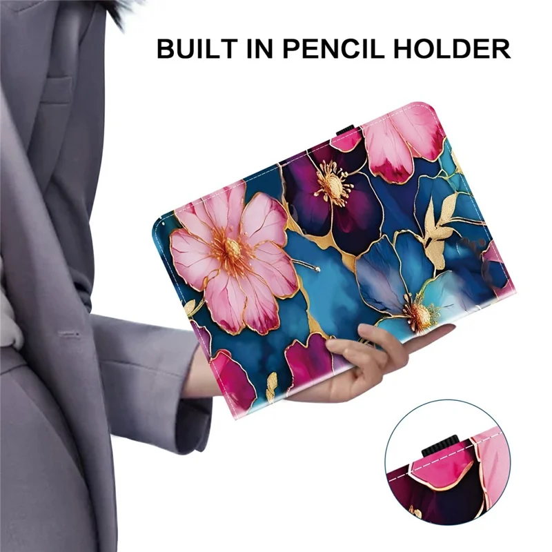 For Samsung Galaxy Tab S11 Leather Case Pattern Printed Stand Tablet Cover with Card Slots - Blue Gold Flower