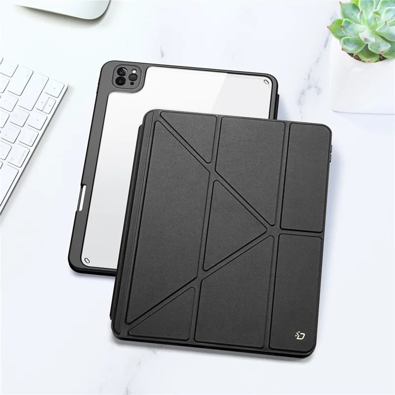 For iPad Pro 11 (2022) / (2021) / (2020) Case Detachable Origami Stand Leather + TPU + Acryclic Clear Back Cover - Black