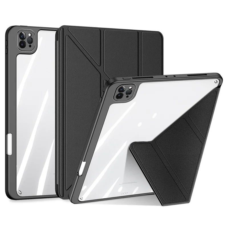 For iPad Pro 11 (2022) / (2021) / (2020) Case Detachable Origami Stand Leather + TPU + Acryclic Clear Back Cover - Black