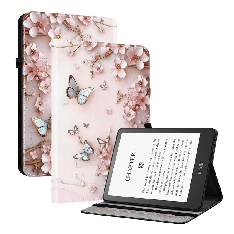 Custodia in pelle per Amazon Kindle Paperwhite (2024) con motivo stampato, supporto e slot per schede - Farfalla rosa