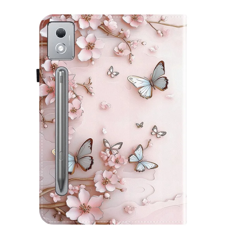 جراب جلد لجهاز Lenovo Tab P12 Pro 12.7 2025 / Xiaoxin Pad Pro 12.7 (2025) بتصميم مطبوع مع حامل وفتحات لوضع البطاقات - فراشة وردية