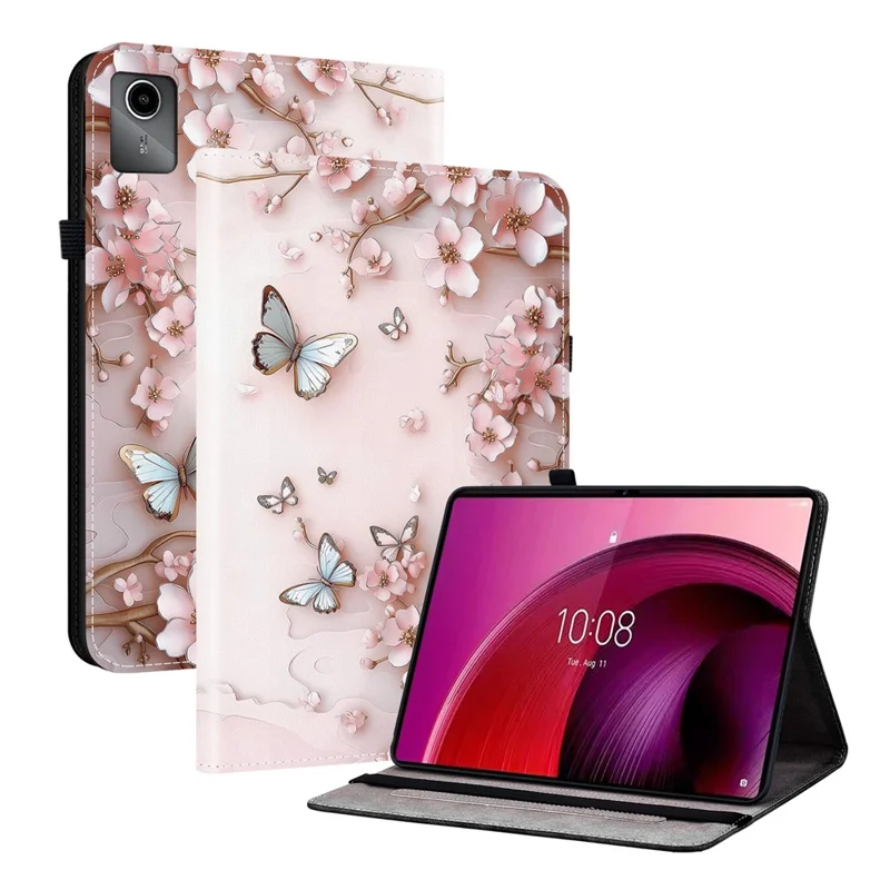 Til Lenovo Tab M11 / Xiaoxin Pad 11 2024 Læderetui med Mønster, Stand og Kortlommer - Pink Sommerfugl
