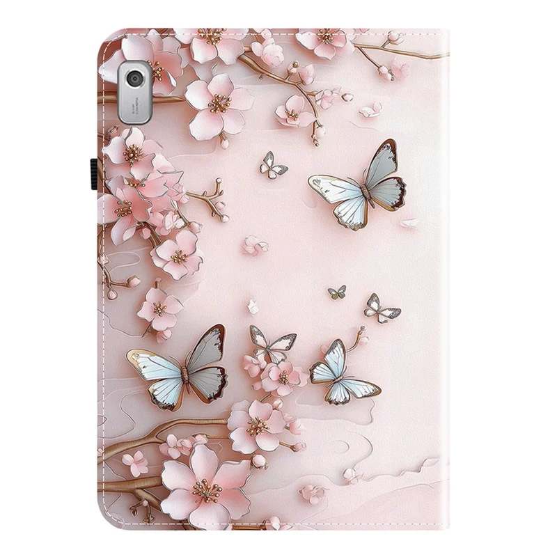 Lenovo Tab M9 Lederhülle mit Musteraufdruck, Ständer und Kartenfächern - Rosa Schmetterling