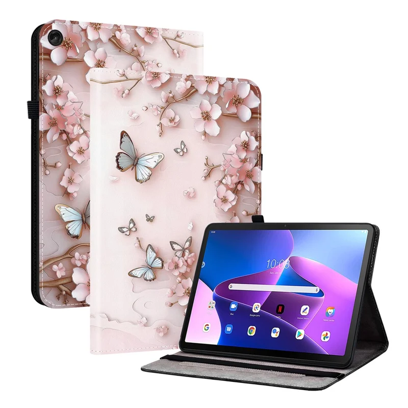 For Lenovo Tab M10 Plus (3rd Gen) Leather Case Pattern Printed Stand Tablet Cover with Card Slots - Pink Butterfly