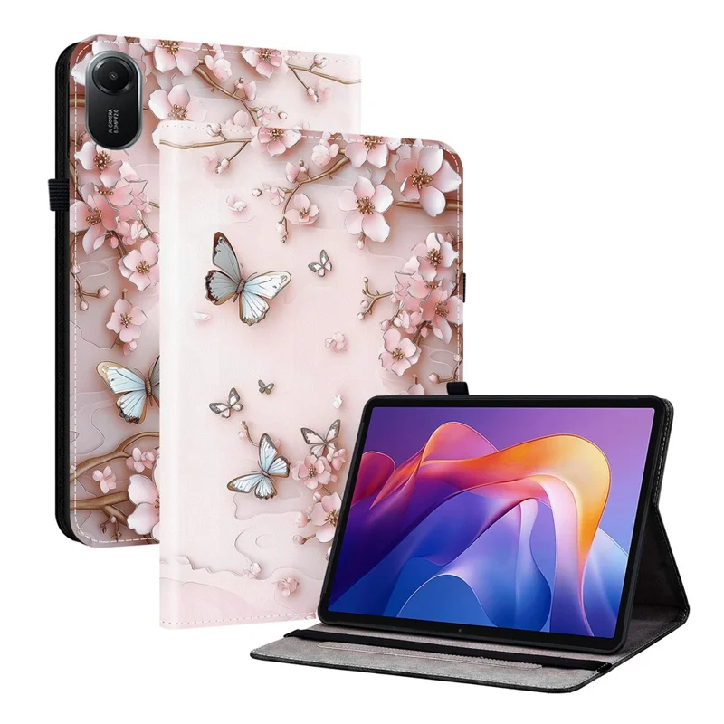 Custodia in pelle per Xiaomi Redmi Pad 2 con motivo stampato e supporto, con slot per schede - Farfalla rosa