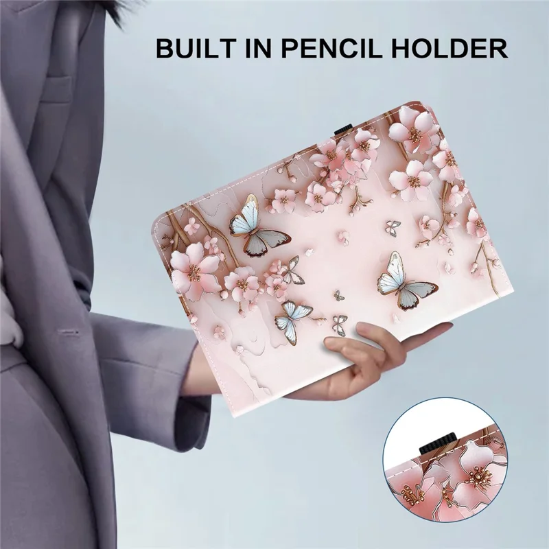 For OnePlus Pad Lite  /  Oppo Pad SE Leather Case Pattern Printed Stand Tablet Cover with Card Slots - Pink Butterfly