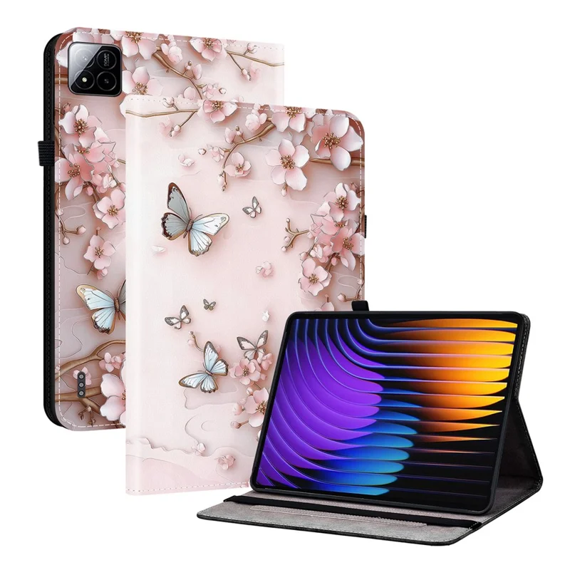 Folia do Xiaomi Pad 7 / Pad 7 Pro z nadrukiem motywu, etui z korka z funkcją podpórki i kieszeniami na karty - różowe motyle