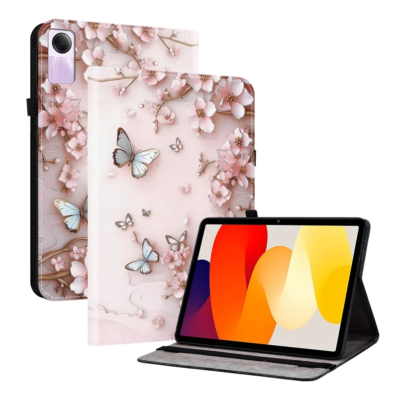 Capa de Couro para Xiaomi Redmi Pad SE com Padrão Impresso e Suporte - Borboleta Rosa