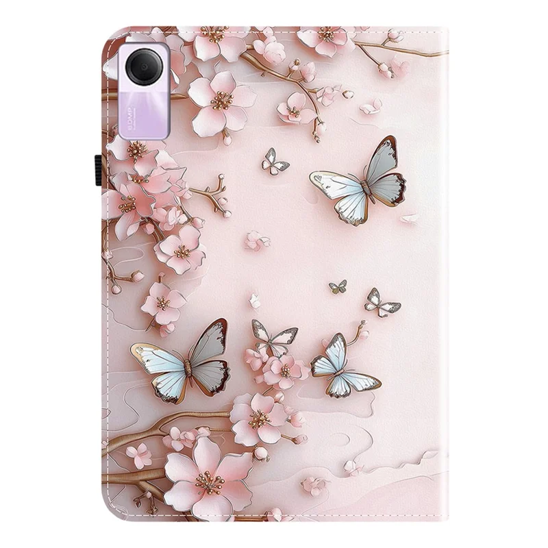 Capa de Couro para Xiaomi Redmi Pad SE com Padrão Impresso e Suporte - Borboleta Rosa