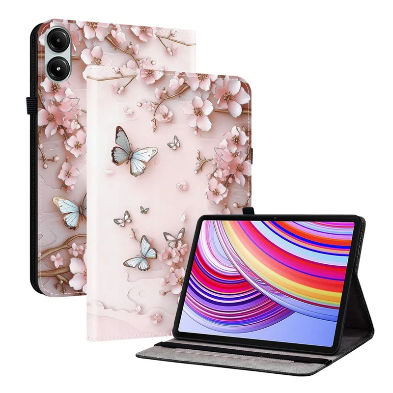 Funda de Cuero para Xiaomi Redmi Pad Pro 5G / Redmi Pad Pro / Poco Pad 5G / 4G con Soporte Estampado y Ranuras para Tarjetas - Mariposa Rosa