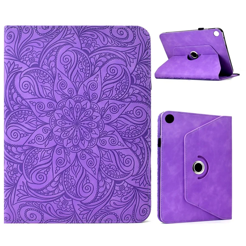 Capa de Couro para Samsung Galaxy Tab A11 / A9 com Slots para Cartões, Suporte Rotativo e Flor Mandala - Roxo Claro