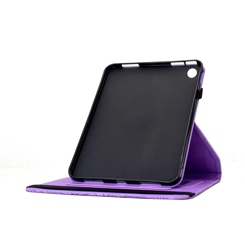 Capa de Couro para Samsung Galaxy Tab A11 / A9 com Slots para Cartões, Suporte Rotativo e Flor Mandala - Roxo Claro