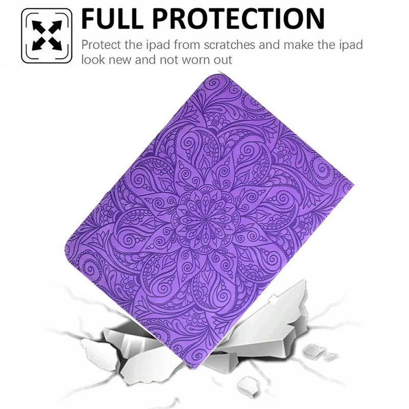 Capa de Couro para Samsung Galaxy Tab A11 / A9 com Slots para Cartões, Suporte Rotativo e Flor Mandala - Roxo Claro