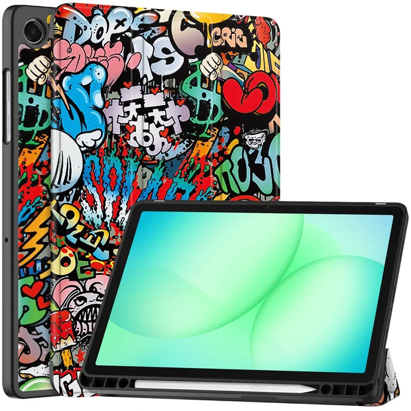 Funda para Tablet Samsung Galaxy Tab A11+ con Soporte Plegable Triple, Cuero con Patrón Impreso + Cubierta TPU con Portabolígrafos - Grafiti