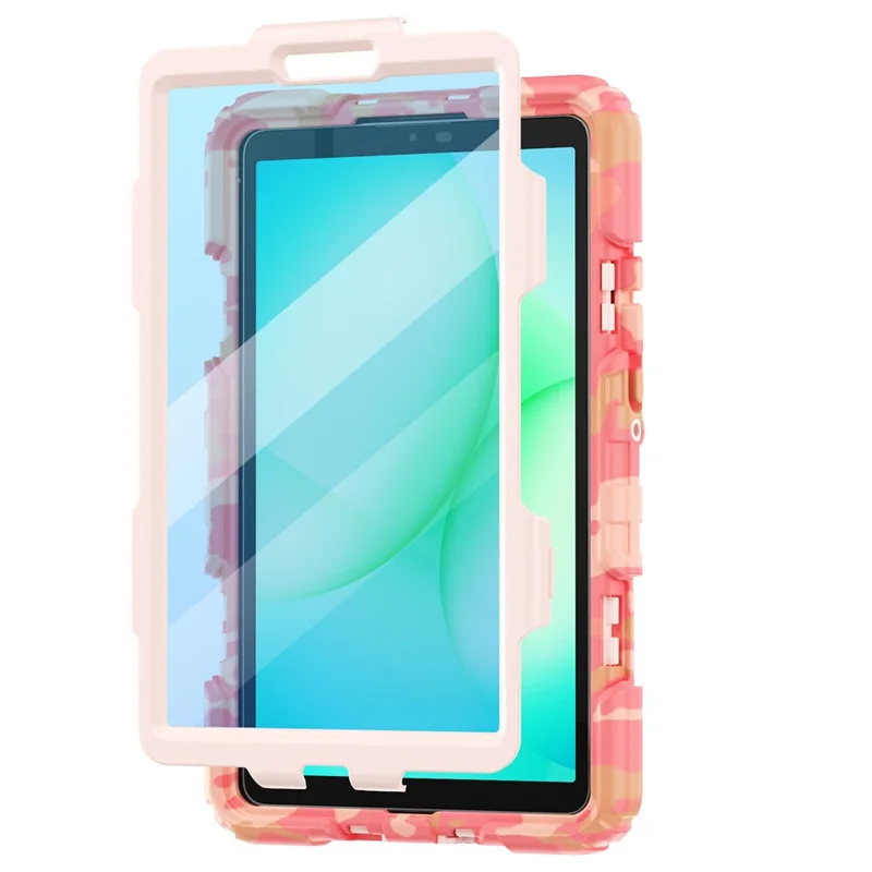 لسامسونج جالكسي تاب A11 / A9 غطاء بطباعة تمويه من مادة البولي كربونات والمطاط السيليكوني مع فيلم واقي من مادة البولي إيثيلين تيريفثاليت / حزام كتف - وردي