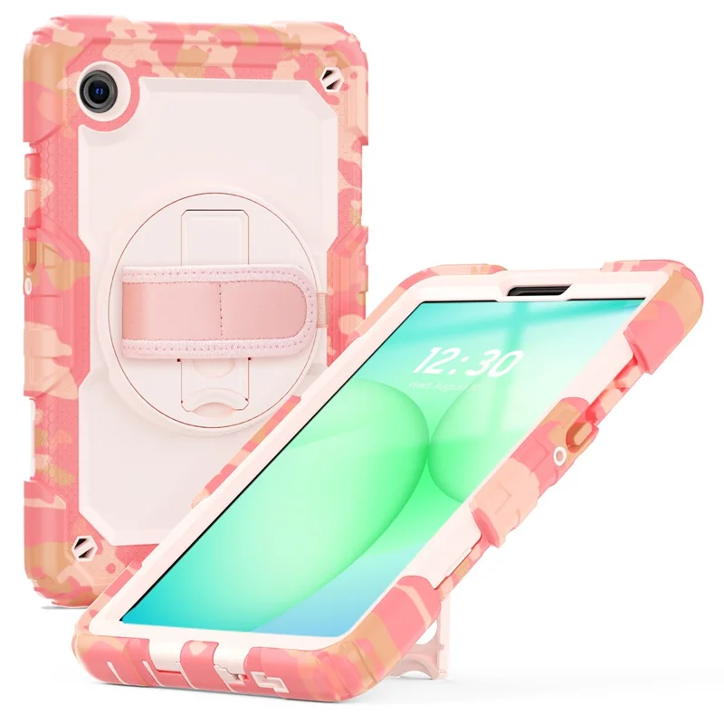 لسامسونج جالكسي تاب A11 / A9 غطاء بطباعة تمويه من مادة البولي كربونات والمطاط السيليكوني مع فيلم واقي من مادة البولي إيثيلين تيريفثاليت / حزام كتف - وردي