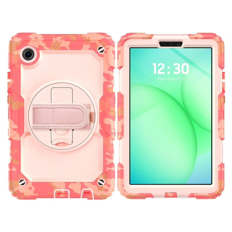 لسامسونج جالكسي تاب A11 / A9 غطاء بطباعة تمويه من مادة البولي كربونات والمطاط السيليكوني مع فيلم واقي من مادة البولي إيثيلين تيريفثاليت / حزام كتف - وردي