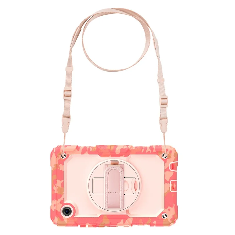 لسامسونج جالكسي تاب A11 / A9 غطاء بطباعة تمويه من مادة البولي كربونات والمطاط السيليكوني مع فيلم واقي من مادة البولي إيثيلين تيريفثاليت / حزام كتف - وردي