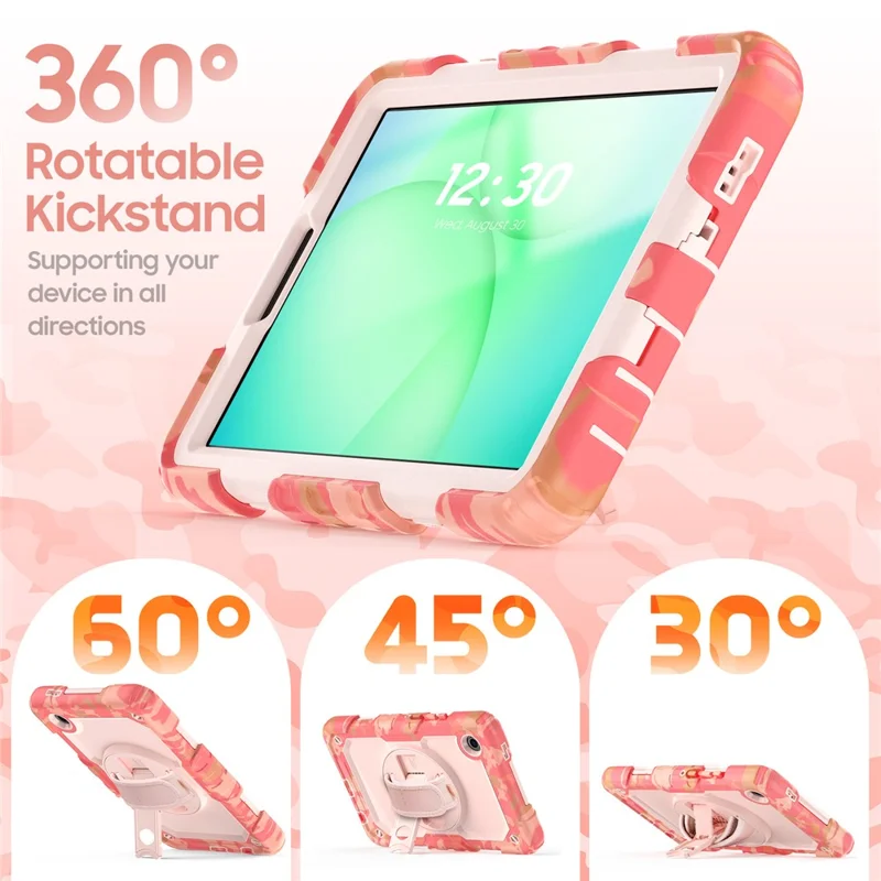 لسامسونج جالكسي تاب A11 / A9 غطاء بطباعة تمويه من مادة البولي كربونات والمطاط السيليكوني مع فيلم واقي من مادة البولي إيثيلين تيريفثاليت / حزام كتف - وردي