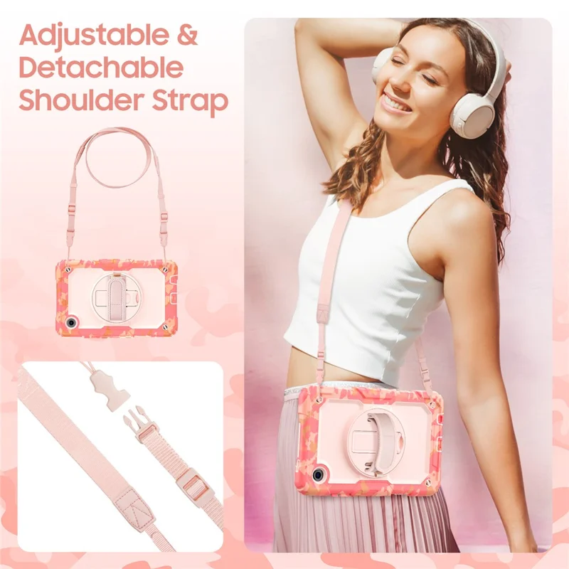 لسامسونج جالكسي تاب A11 / A9 غطاء بطباعة تمويه من مادة البولي كربونات والمطاط السيليكوني مع فيلم واقي من مادة البولي إيثيلين تيريفثاليت / حزام كتف - وردي