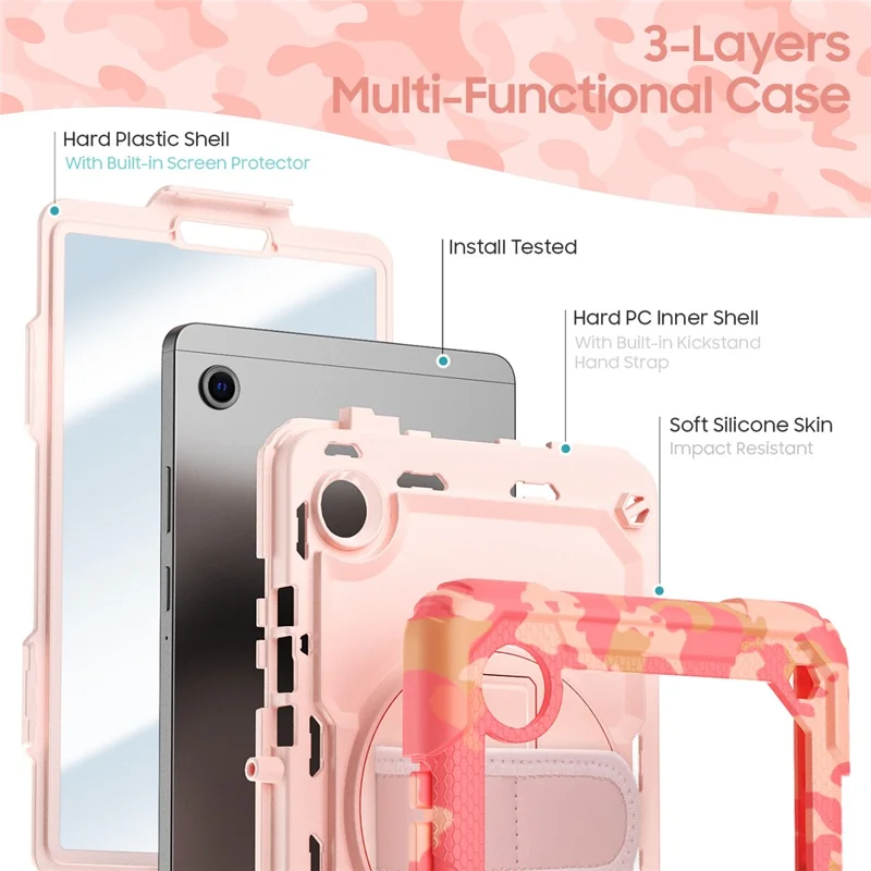 لسامسونج جالكسي تاب A11 / A9 غطاء بطباعة تمويه من مادة البولي كربونات والمطاط السيليكوني مع فيلم واقي من مادة البولي إيثيلين تيريفثاليت / حزام كتف - وردي