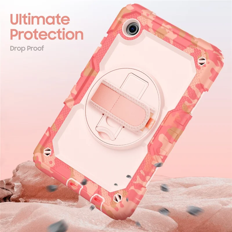 لسامسونج جالكسي تاب A11 / A9 غطاء بطباعة تمويه من مادة البولي كربونات والمطاط السيليكوني مع فيلم واقي من مادة البولي إيثيلين تيريفثاليت / حزام كتف - وردي