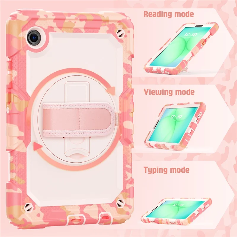 لسامسونج جالكسي تاب A11 / A9 غطاء بطباعة تمويه من مادة البولي كربونات والمطاط السيليكوني مع فيلم واقي من مادة البولي إيثيلين تيريفثاليت / حزام كتف - وردي