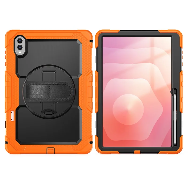 Til Samsung Galaxy Tab S11 Ultra Case Håndloe Bukkespænde PC + Silikone Tabletbeskyttelse med PET Film og Skulderrem - Orange
