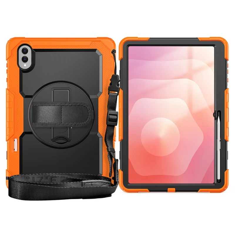 Til Samsung Galaxy Tab S11 Ultra Case Håndloe Bukkespænde PC + Silikone Tabletbeskyttelse med PET Film og Skulderrem - Orange