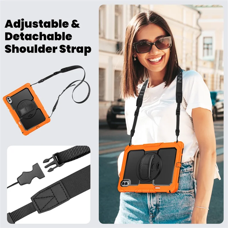 Til Samsung Galaxy Tab S11 Ultra Case Håndloe Bukkespænde PC + Silikone Tabletbeskyttelse med PET Film og Skulderrem - Orange