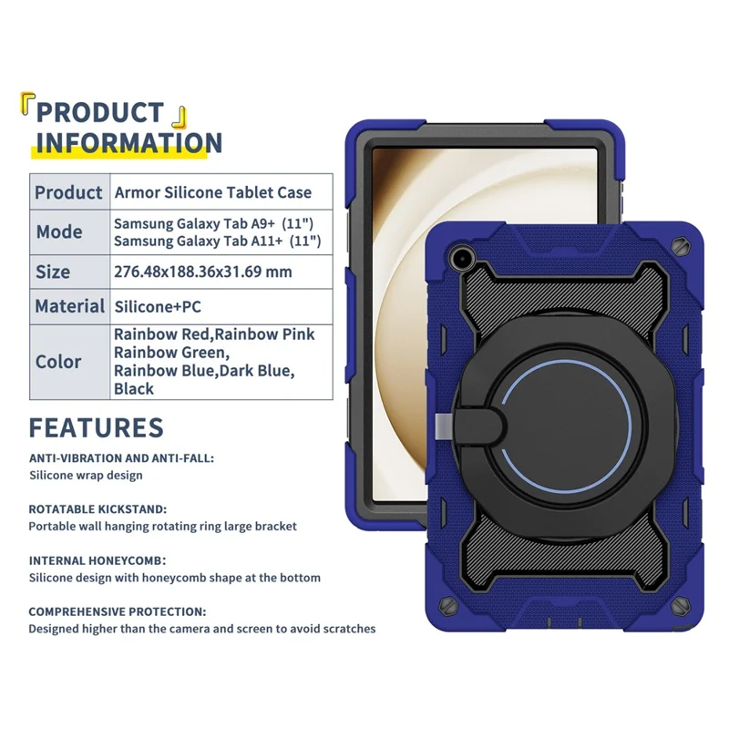 For Samsung Galaxy Tab A11+ Case with Kickstand PC + Silicone Shockproof Rugged Tablet Cover - Navy Blue
