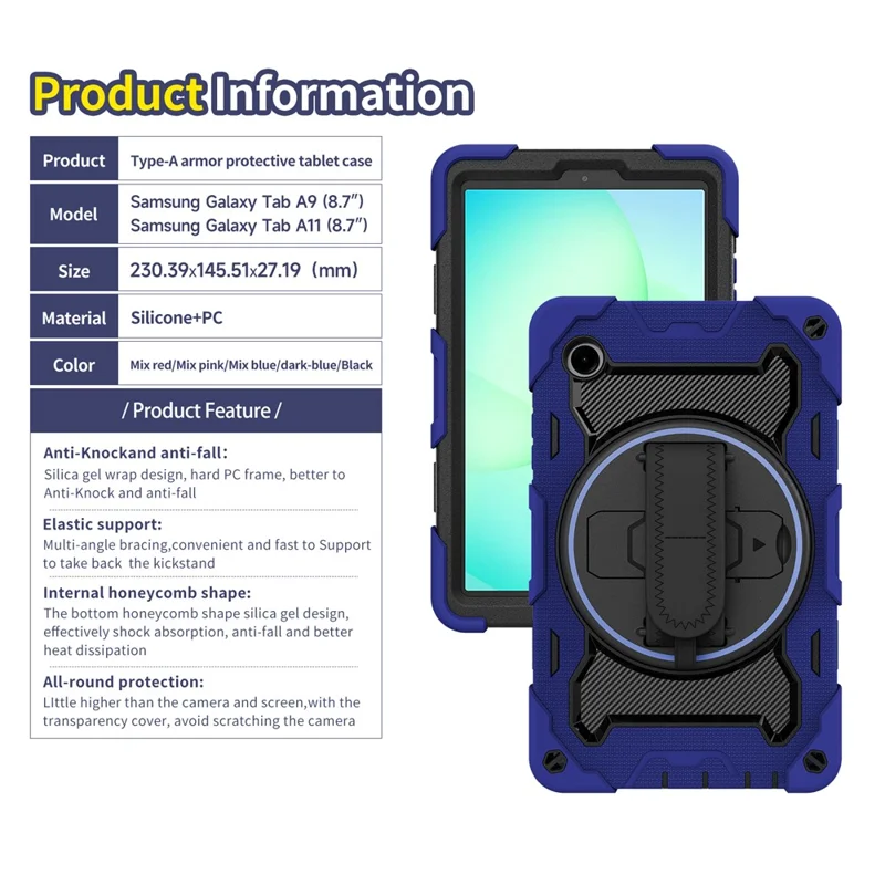 Etui z podpórką i paskiem na rękę do Samsung Galaxy Tab A11+, pokrowiec tabletu PC + silikon - granatowy