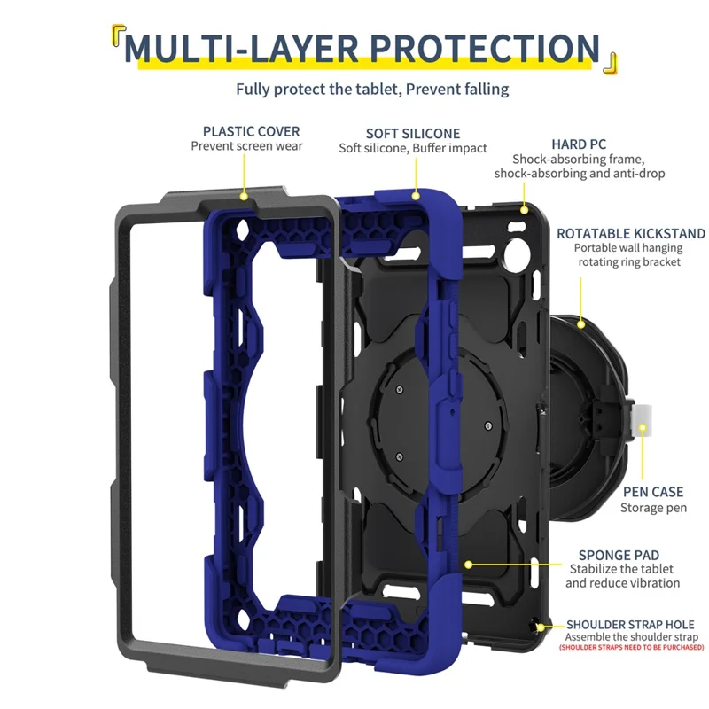 For Samsung Galaxy Tab A11 Case with Kickstand PC + Silicone Shockproof Rugged Tablet Cover - Navy Blue