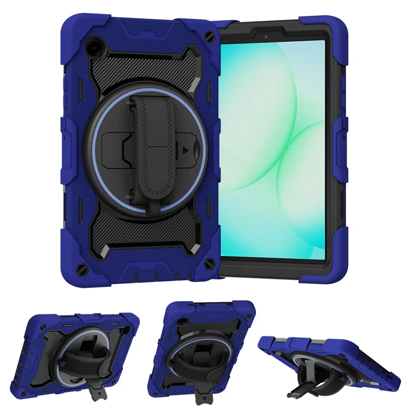 For Samsung Galaxy Tab A11 Case Kickstand Hand Strap PC + Silicone Tablet Cover - Navy Blue
