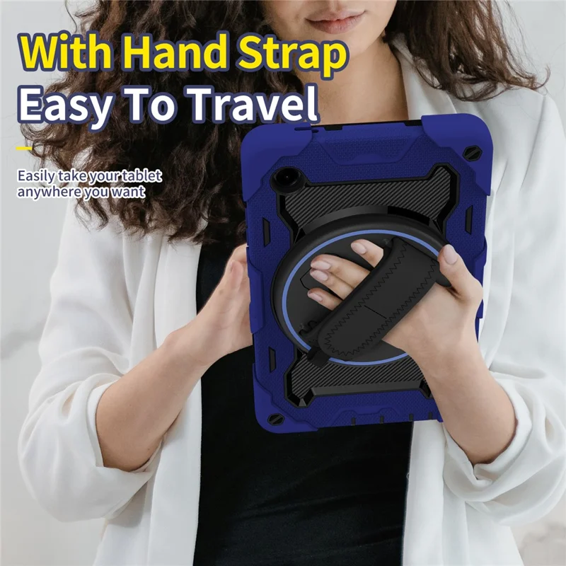 For Samsung Galaxy Tab A11 Case Kickstand Hand Strap PC + Silicone Tablet Cover - Navy Blue