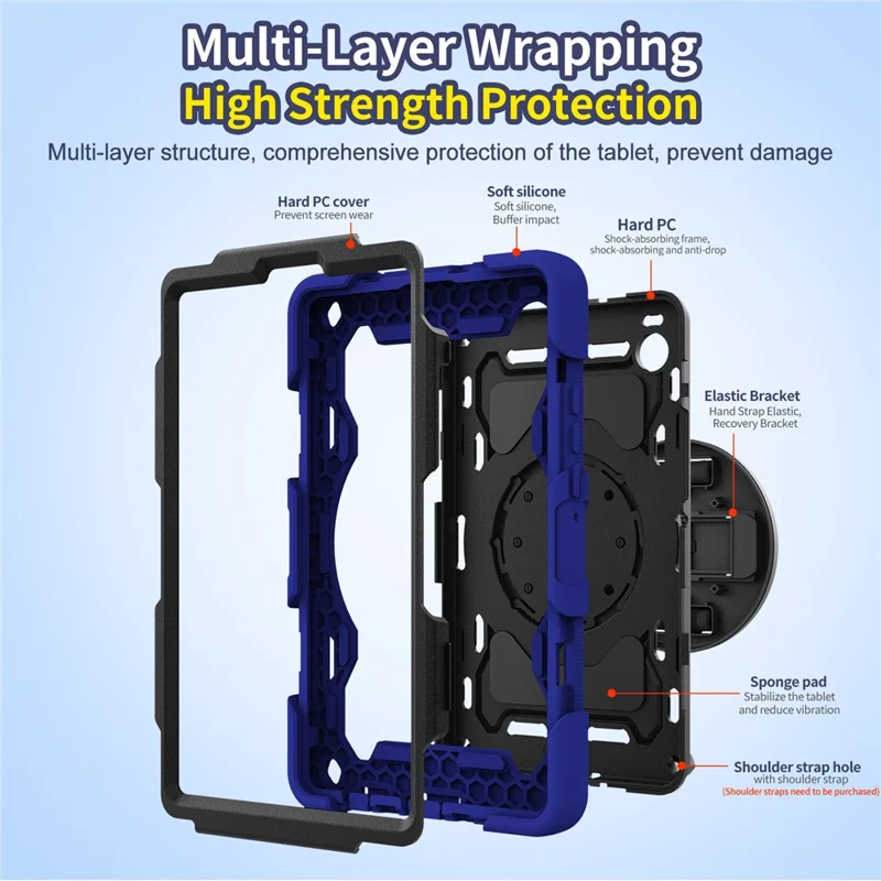 For Samsung Galaxy Tab A11 Case Kickstand Hand Strap PC + Silicone Tablet Cover - Navy Blue
