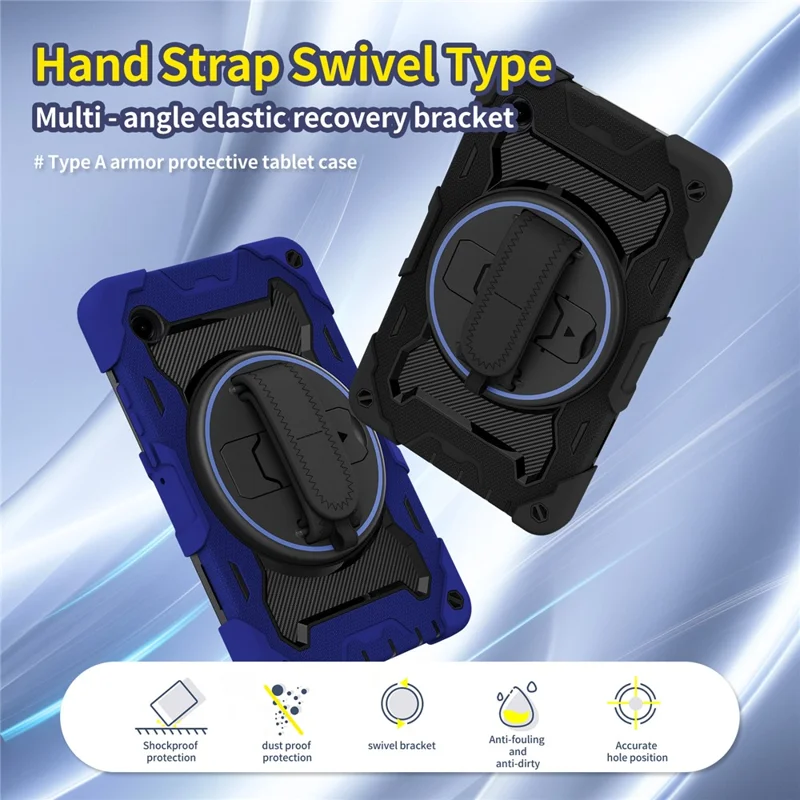For Samsung Galaxy Tab A11 Case Kickstand Hand Strap PC + Silicone Tablet Cover - Navy Blue