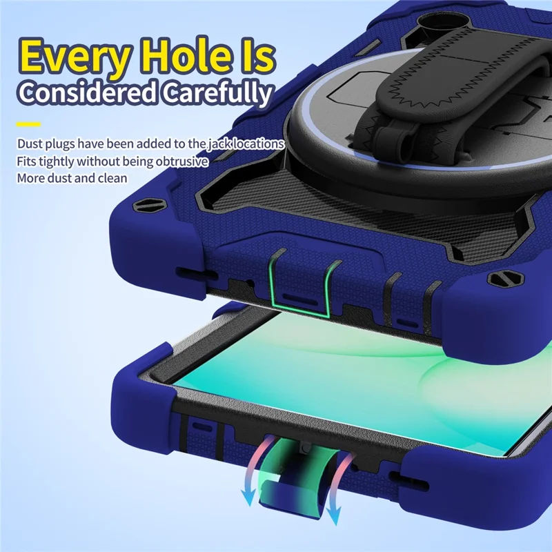 For Samsung Galaxy Tab A11 Case Kickstand Hand Strap PC + Silicone Tablet Cover - Navy Blue