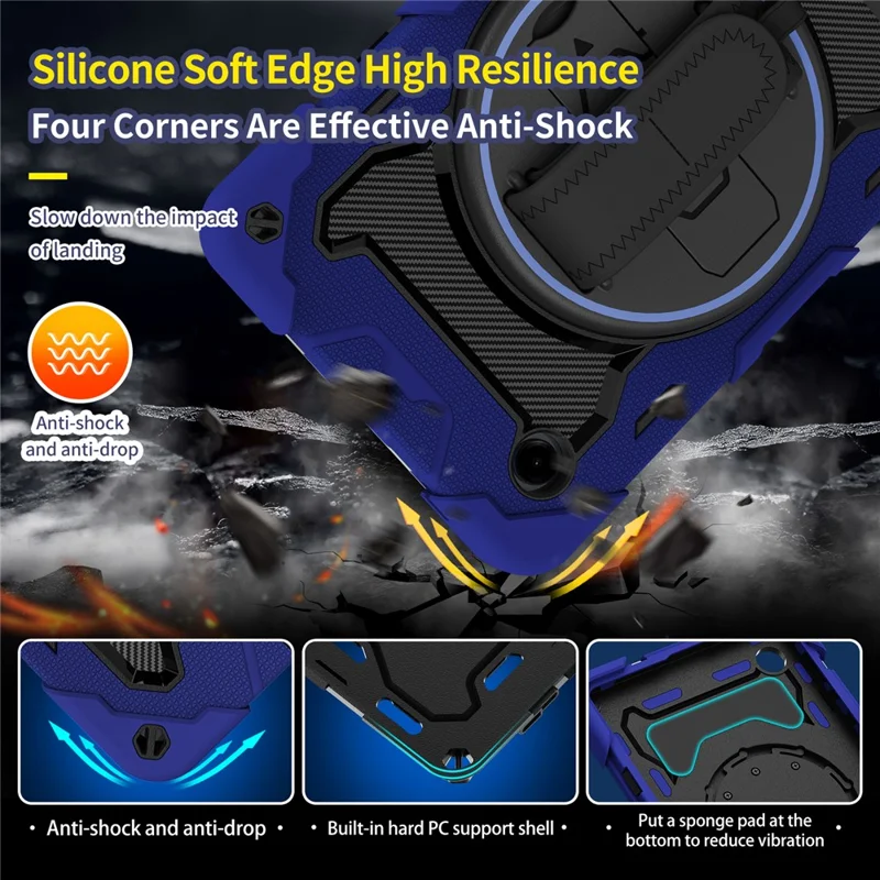 For Samsung Galaxy Tab A11 Case Kickstand Hand Strap PC + Silicone Tablet Cover - Navy Blue