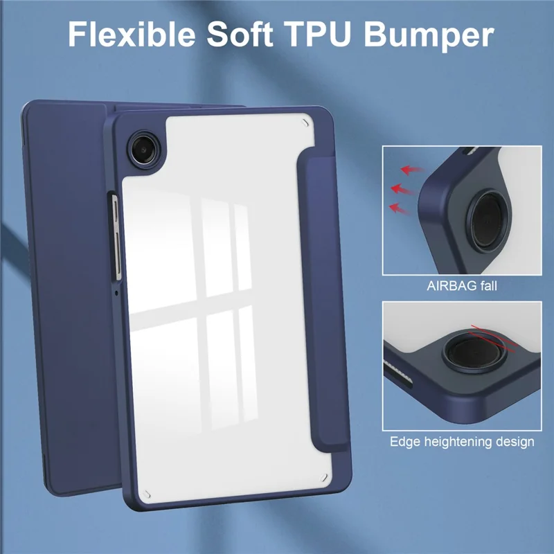 Til Samsung Galaxy Tab A11 Taske med Auto Sleep / Wake, Transparent Akryl TPU Læderdæksel med Penneholder - Mørkeblå