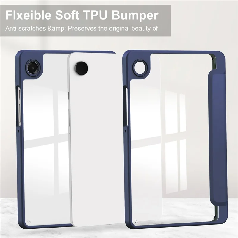 Til Samsung Galaxy Tab A11 Taske med Auto Sleep / Wake, Transparent Akryl TPU Læderdæksel med Penneholder - Mørkeblå