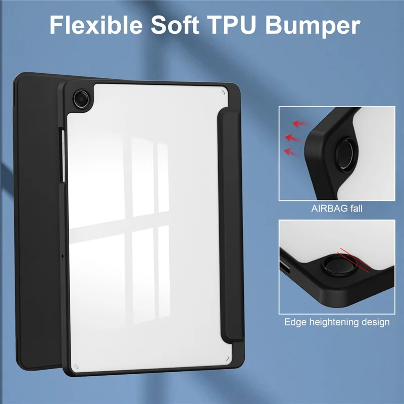 For Samsung Galaxy Tab A11+ Case Auto Sleep  /  Wake Clear Acrylic TPU Leather Tablet Cover with Pen Slot - Black