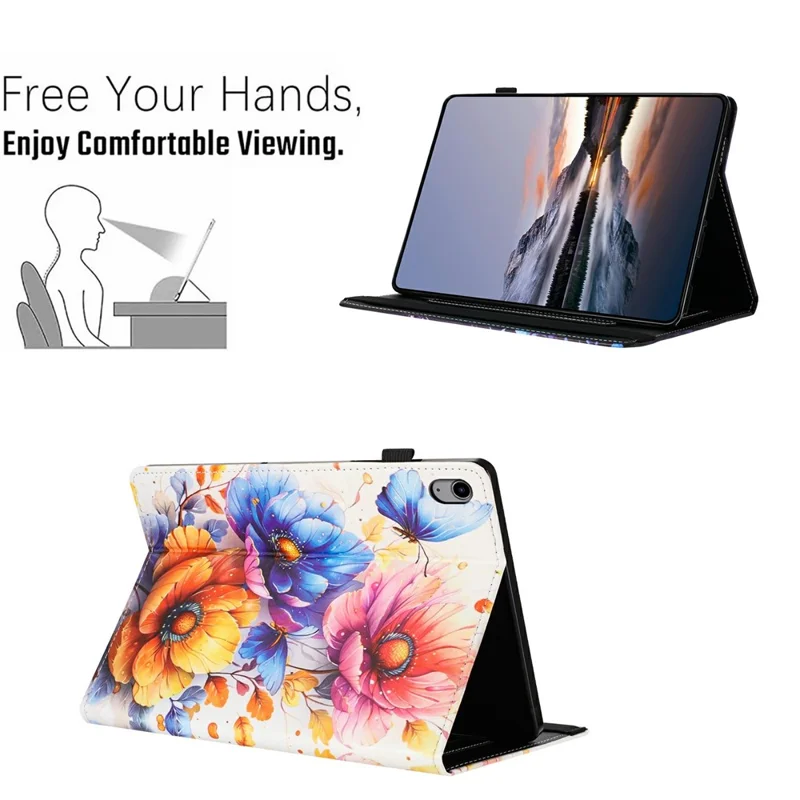Litchi Grain Painting Leather Case for iPad (2025)  /  iPad 10.9 (2022) Card Slot Tablet Cover with Auto Wake  /  Sleep - Flower