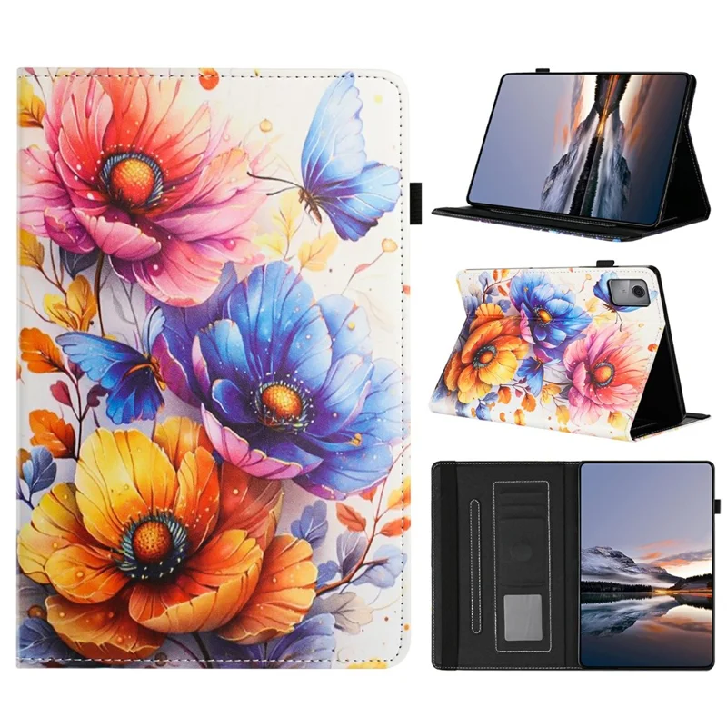 Etui z drukowaną skórą o fakturze litchi z włożeniem na kartę do Lenovo Tab M11 / Xiaoxin Pad 11 2024, etui do tabletu z automatycznym wybudzaniem/trybem uśpienia – kwiaty