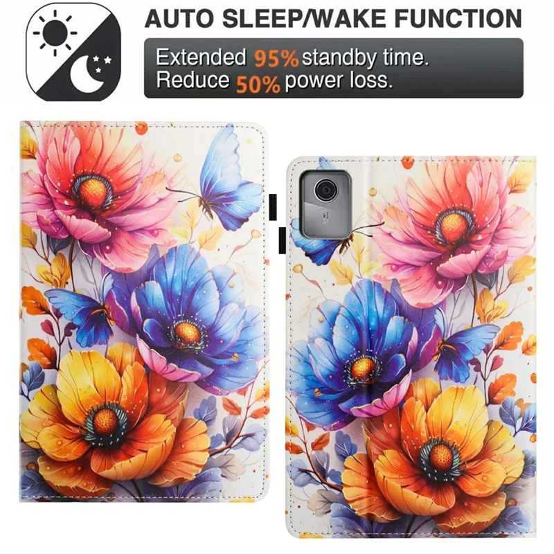 Etui z drukowaną skórą o fakturze litchi z włożeniem na kartę do Lenovo Tab M11 / Xiaoxin Pad 11 2024, etui do tabletu z automatycznym wybudzaniem/trybem uśpienia – kwiaty