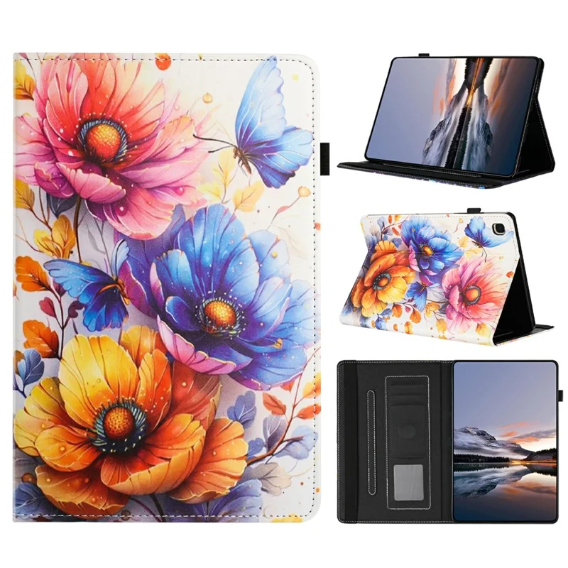 Litchi-Struktur-Lederhülle mit Blumenmuster für Samsung Galaxy Tab A7 Lite 8,7 Zoll T220 T225, Tablet-Hülle mit Kartenfach und automatischer Ein-/Ausschaltfunktion