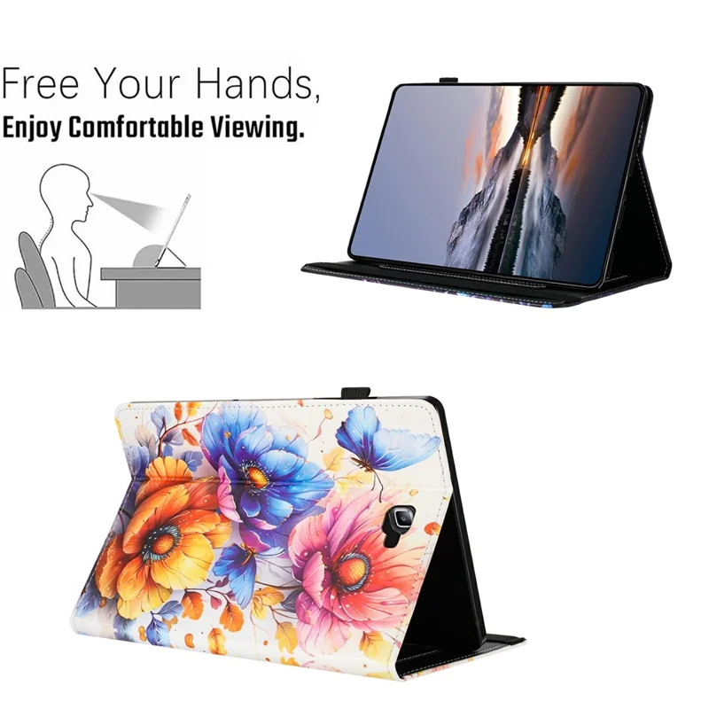 Custodia in Pelle con Grana a Litchi e Stampa per Samsung Galaxy Tab A 10.1 (2016) T580 T585, Copertina con Supporto Pieghevole e Funzione Auto Accensione/Spegnimento - Fiore