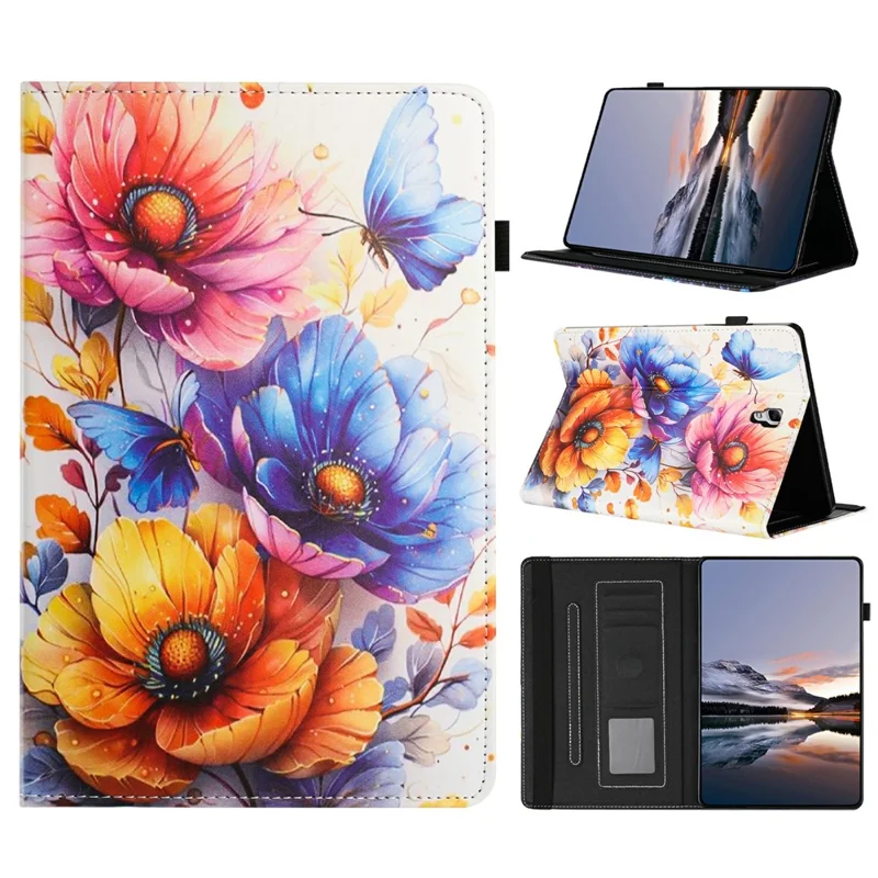 Custodia in Pelle con Grana di Litchi e Stampa per Samsung Galaxy Tab A 10.5 (2018) T590 T595, Copertura per Tablet con Porta Carte e Funzione di Accensione/Spegnimento Automatica - Fiore